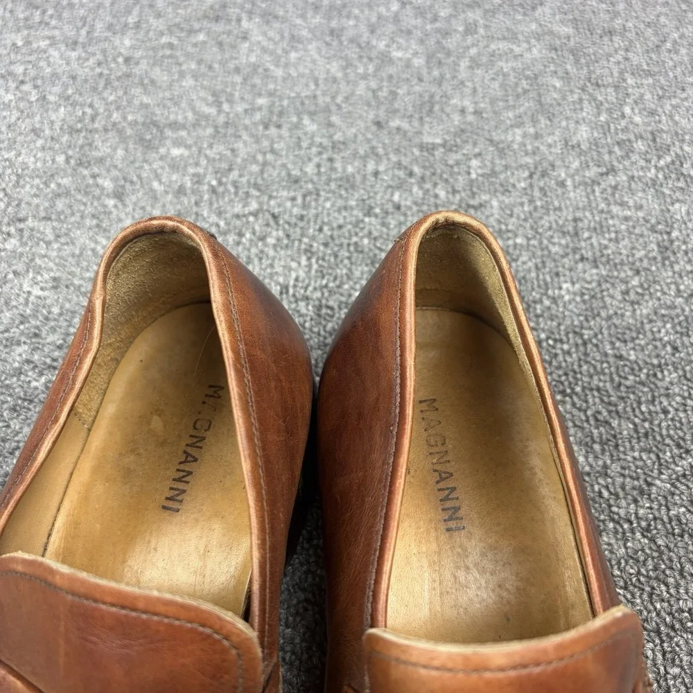 Magnanni Brown Leather Penny Loafers Mens 7 Spain Burnished Apron Toe Dress Shoe